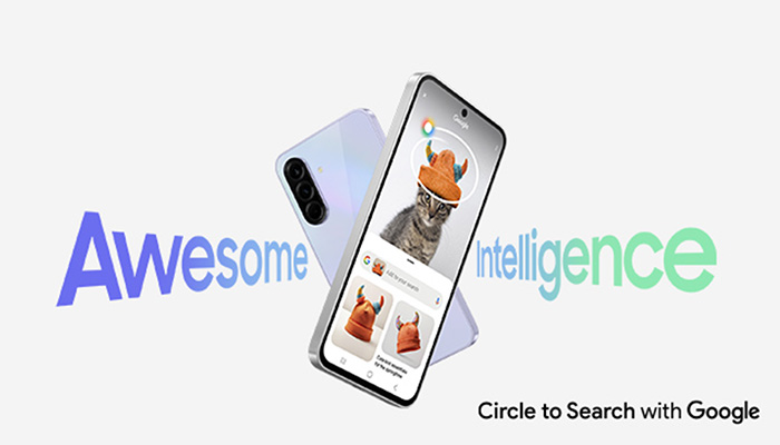 Zwei Smartphones: Eines zeigt eine Katze mit Hut auf dem Bildschirm, das andere liegt dahinter. Text "Awesome Intelligence".