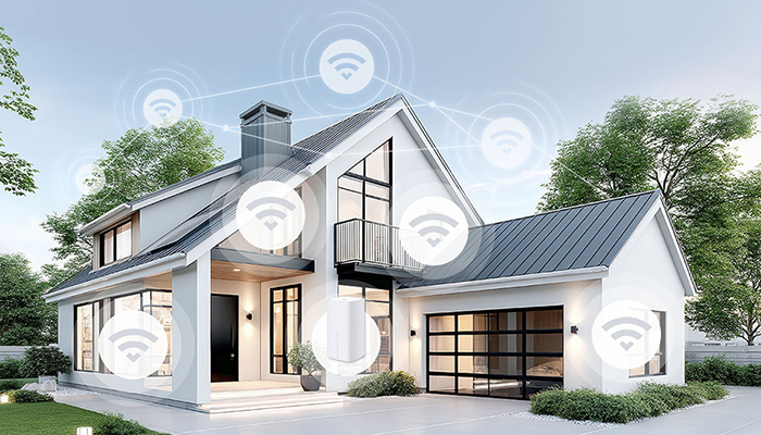 Modernes Smart Home mit weißer Fassade und großen Fenstern, umgeben von Grün. WLAN-Symbole zeigen Vernetzung im ganzen Haus.