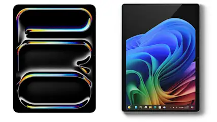 Zwei Tablets zeigen abstrakte, farbenfrohe Designs. Das linke hat glänzende Formen, das rechte einen blauen Hintergrund mit Linien.