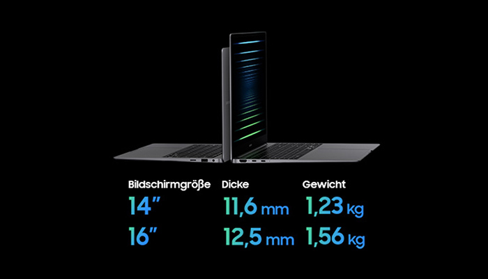 Zwei Laptops stehen auf einem schwarzen Hintergrund, einer ist geschlossen und der andere ist geöffnet. Text zeigt die Größen und Gewichte.