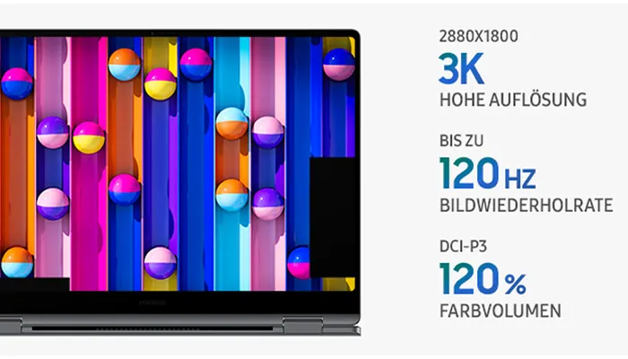 Laptop mit farbigen Streifen und Kugeln auf dem Bildschirm. Textinformationen zu Auflösung und Bildwiederholrate sind sichtbar.