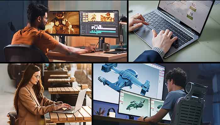 Kollage mehrerer Menschen, die an einem PC oder Laptop sitzen und arbeiten.