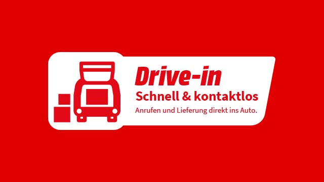 Roter Hintergrund mit weißem Textfeld, das ein stiliertes Auto mit Kisten und den Text "Drive-in. Schnell & kontaktlos" zeigt.