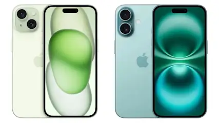 Zwei iPhones: ein hellgrünes mit zwei Kameras und ein blaues mit zwei Kameras und einem Apfel-Logo auf der Rückseite.