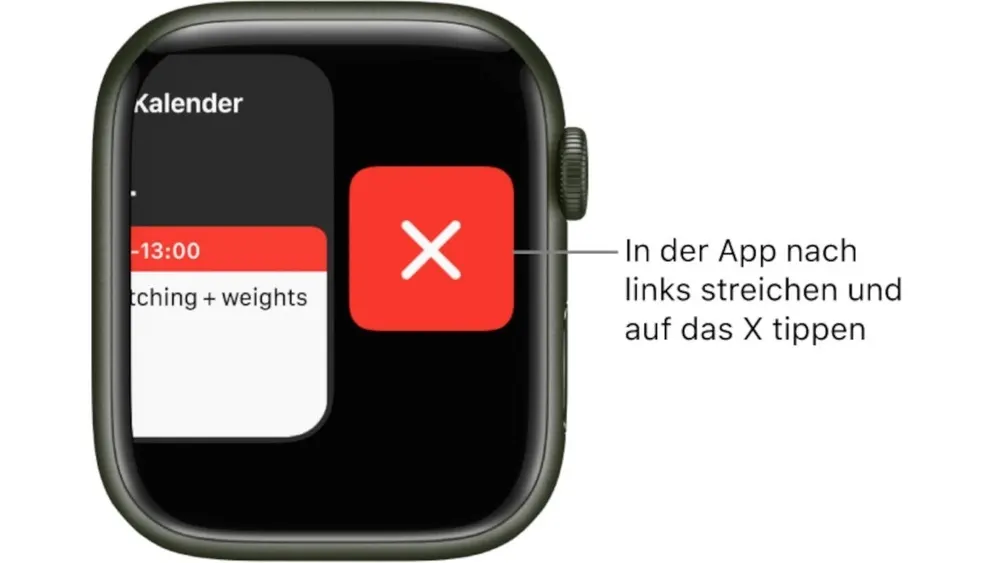 Nahaufnahme einer Smartwatch mit Kalender-App, die ein rotes X zum Löschen eines Eintrags anzeigt. Kalendereintrag Details sichtbar.
