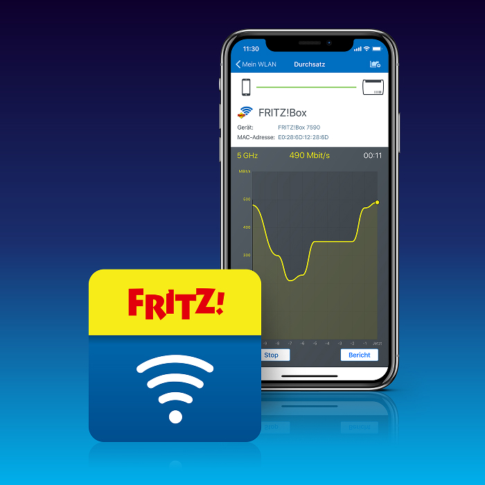 Smartphone zeigt FRITZ!Box-App mit Diagramm der Datenrate. Gelbes FRITZ!-Logo mit blauem WLAN-Symbol im Vordergrund.