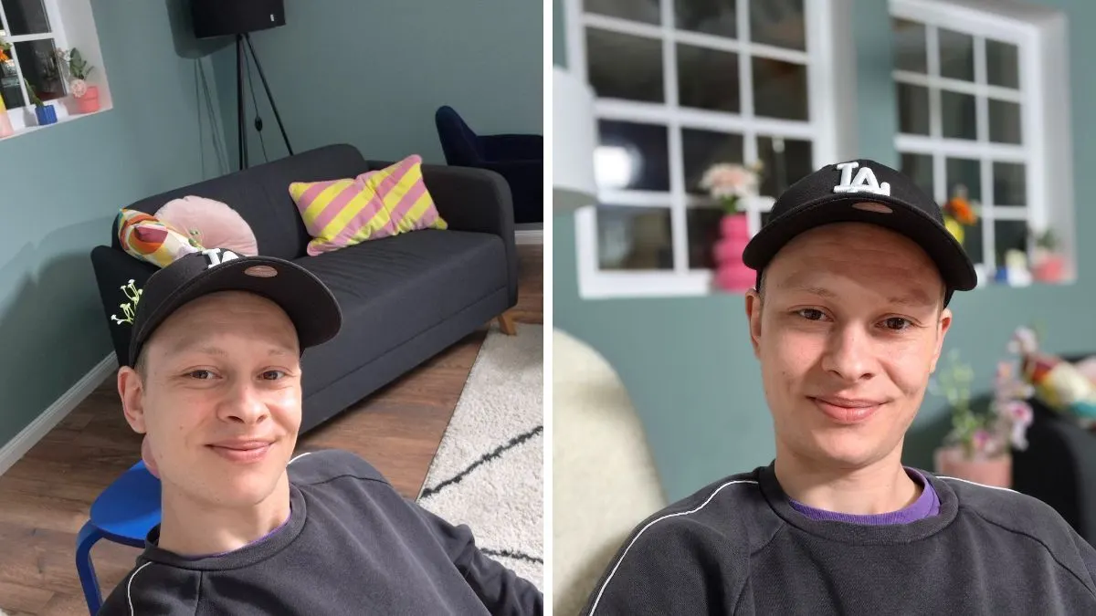 Zwei Selfies zeigen Alex in einem Wohnzimmer. Das rechte Bild hat einen verschwommenen Hintergrund.