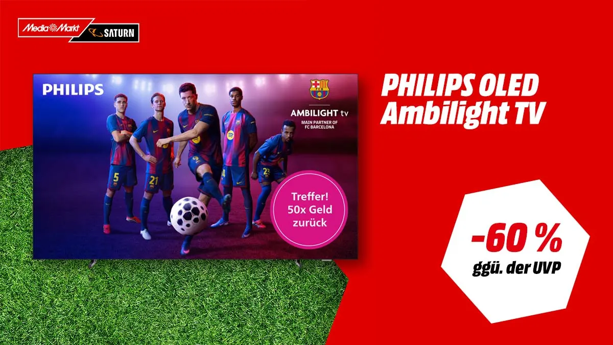 Der Philip OLED-TV und Hinweis auf Aktionspreis bei MediaMarkt.