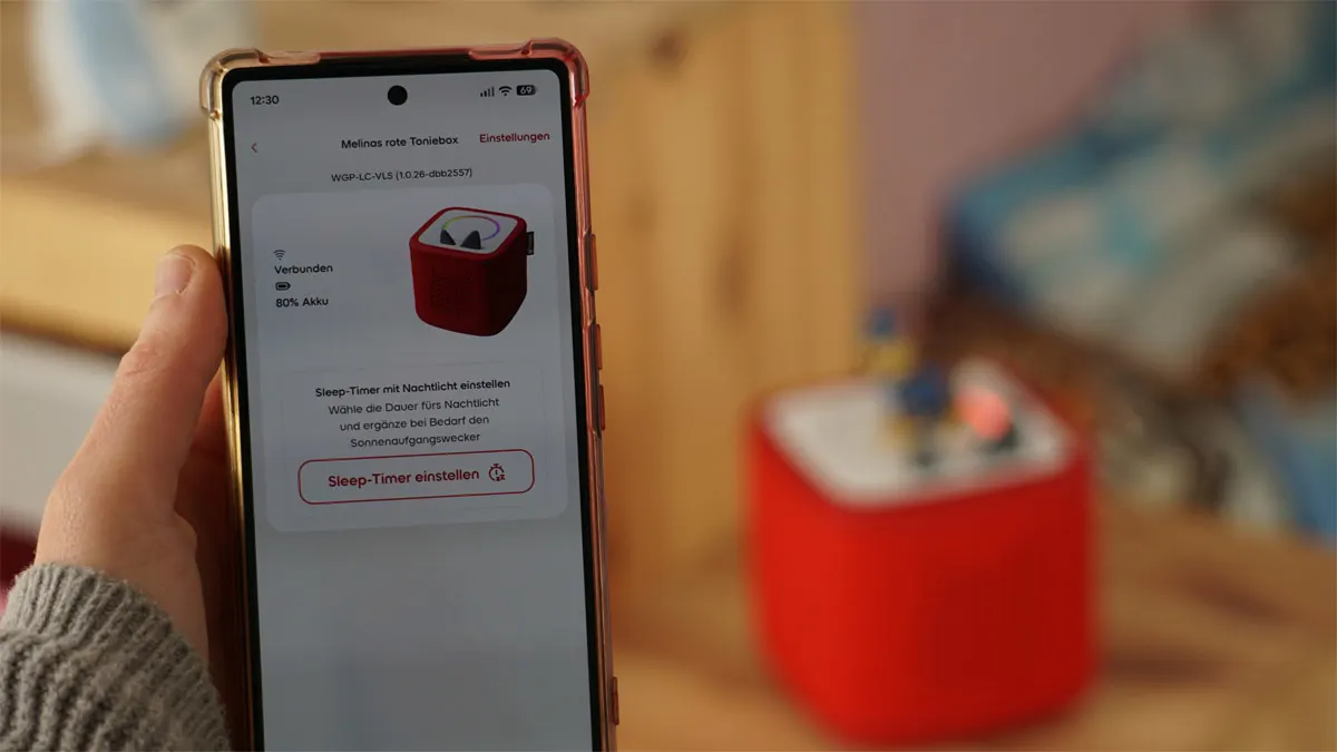 Ein Smartphone-Display zeigt die Sleep-Timer-Funktion in der Tonies-App an.