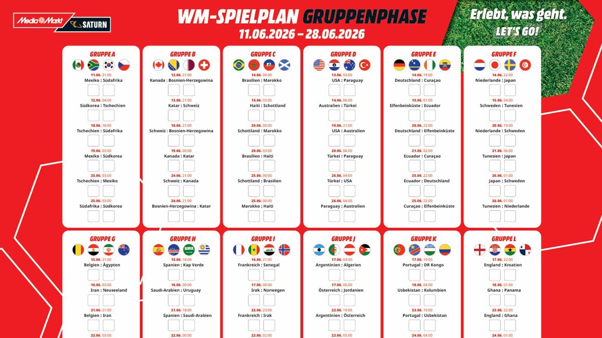 Ausschnitt des detaillierten WM-Spielplans in der Gruppenphase für 2026 von MediaMarkt.