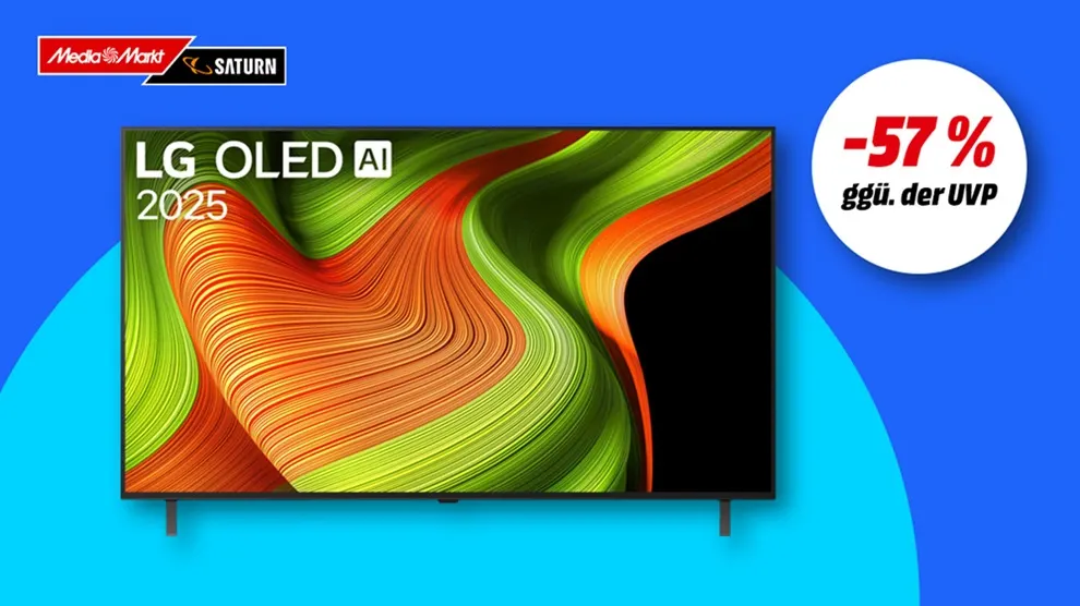 LG OLED B5 TV, Hinweis auf 57 Prozent Rabatt gegenüber UVP auf blauem Hintergrund. 