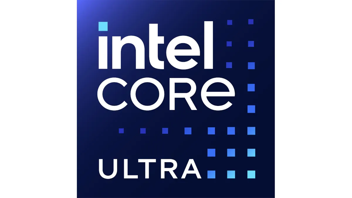 Auf blauem Grund steht in Weiß "intel CORE ULTRA", umgeben von blauen Quadraten.