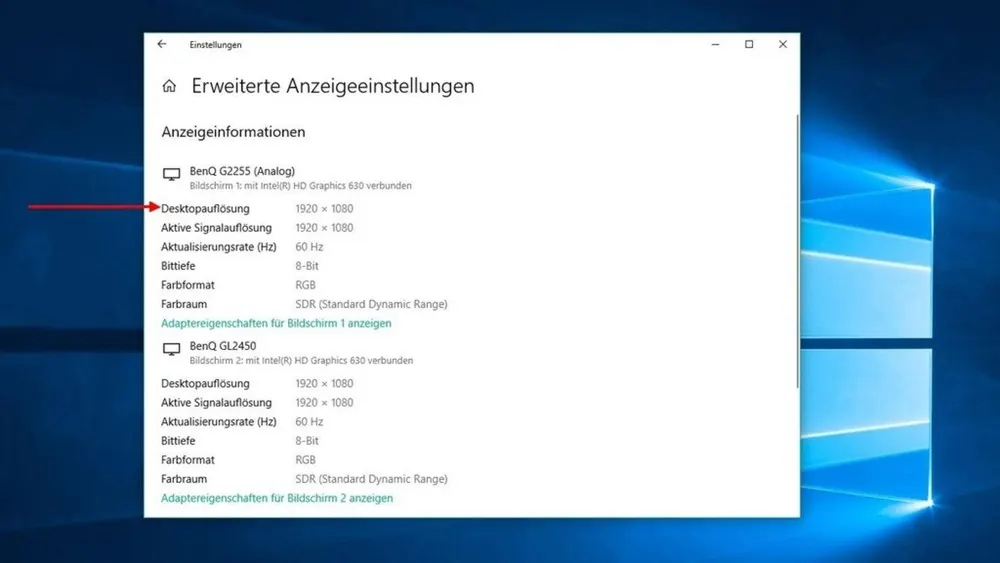 Windows-Fenster "Erweiterte Anzeigeeinstellungen" mit Informationen zu zwei Bildschirmen: BenQ G2255 und BenQ GL2450, beide mit 1920x1080 Auflösung.