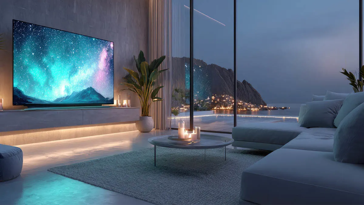 Ein TV-Gerät zeigt eine bunte Landschaft. Der Fernseher steht auf einem Holzschrank mit einer Soundbar. Ein Regal und ein Stuhl sind sichtbar.