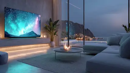 Ein TV-Gerät zeigt eine bunte Landschaft. Der Fernseher steht auf einem Holzschrank mit einer Soundbar. Ein Regal und ein Stuhl sind sichtbar.
