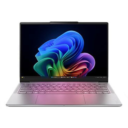 Silberner Laptop mit beleuchteter Tastatur und großem Bildschirm mit farbenfroher abstrakter Grafik.