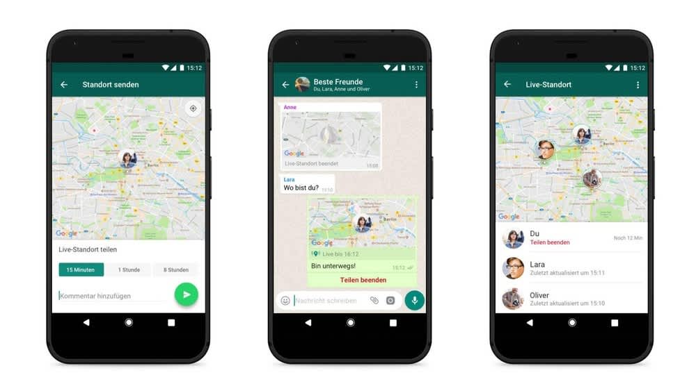 Drei Smartphones zeigen die Live-Standorte von Personen via WhatsApp an.