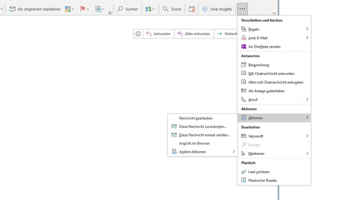 Screenshot eines E-Mail-Programms mit geöffneten Menüs, Optionen zum Antworten, Weiterleiten und Aktionen.