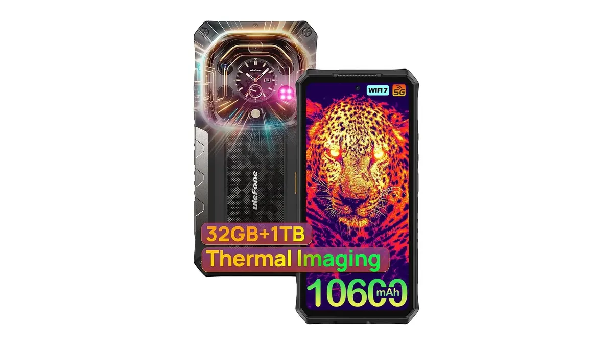 Die Vorder- und Rückseite des Ulefone Armor 28 Ultra, auf dem Display ist eine Wärmebildkamera-Aufnahme einer Wildkatze zu sehen.