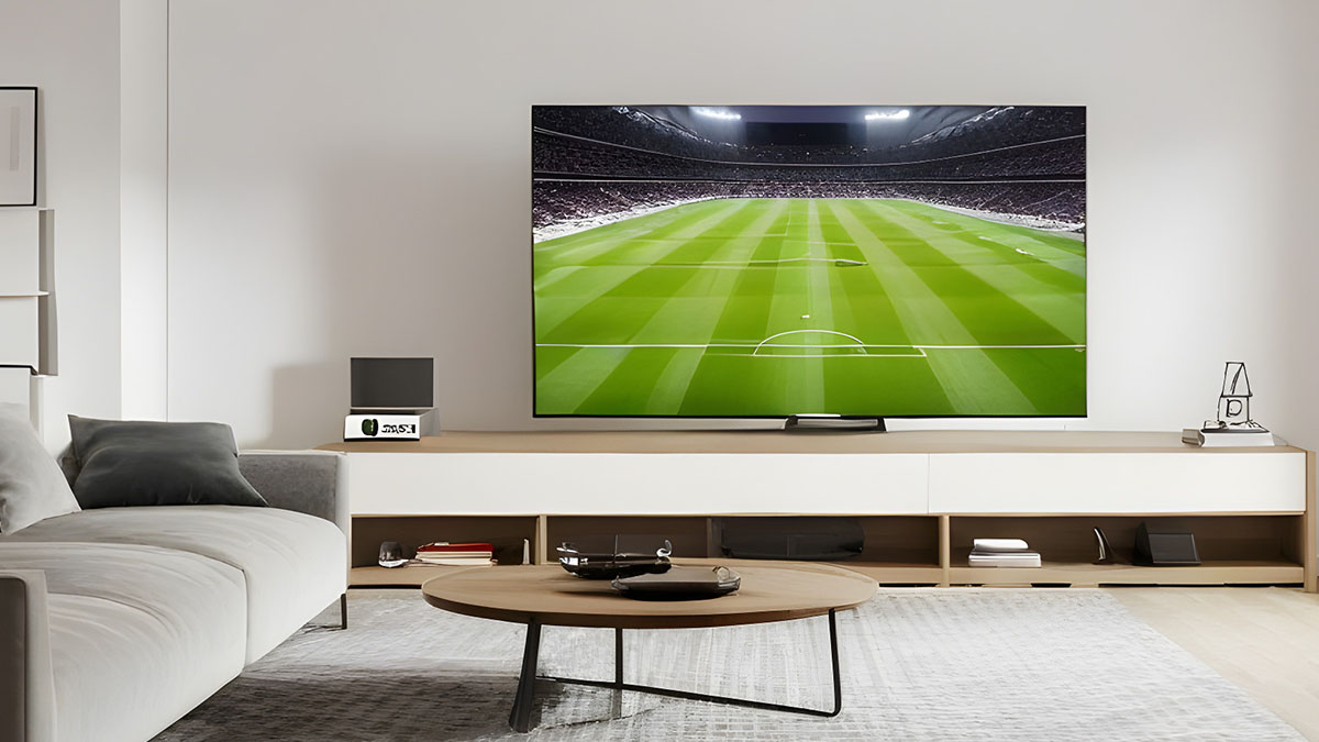 Ein Fernseher mit gestochem scharfem Bild steht in einem modernen Wohnzimmer