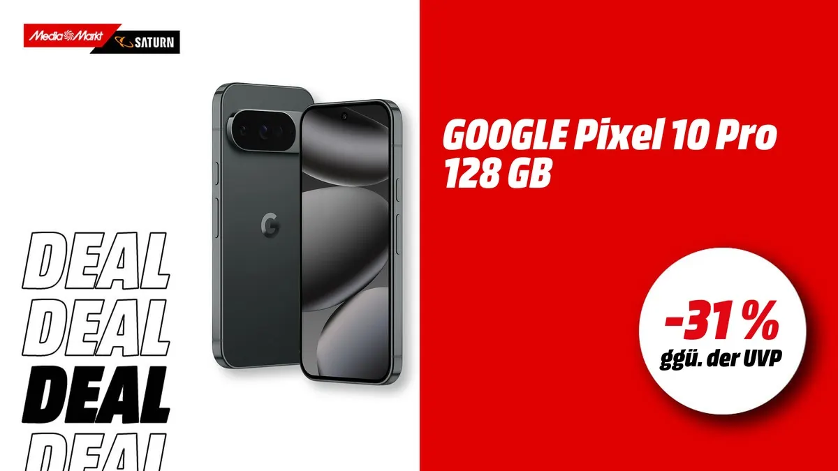 Google Pixel 10 Pro Smartphone in Obsidian – aktuell mit -31 % (ggü. der UVP) reduziert bei MediaMarkt/Saturn.