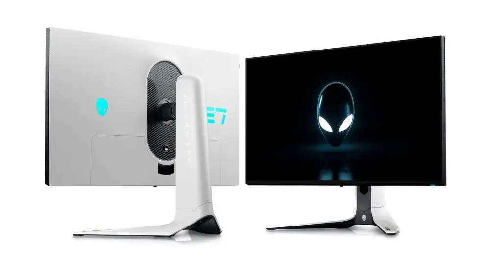 Zwei Monitore, einer mit Alienware-Logo auf schwarzem Bildschirm, der andere mit weißer Rückseite und blauem Logo.