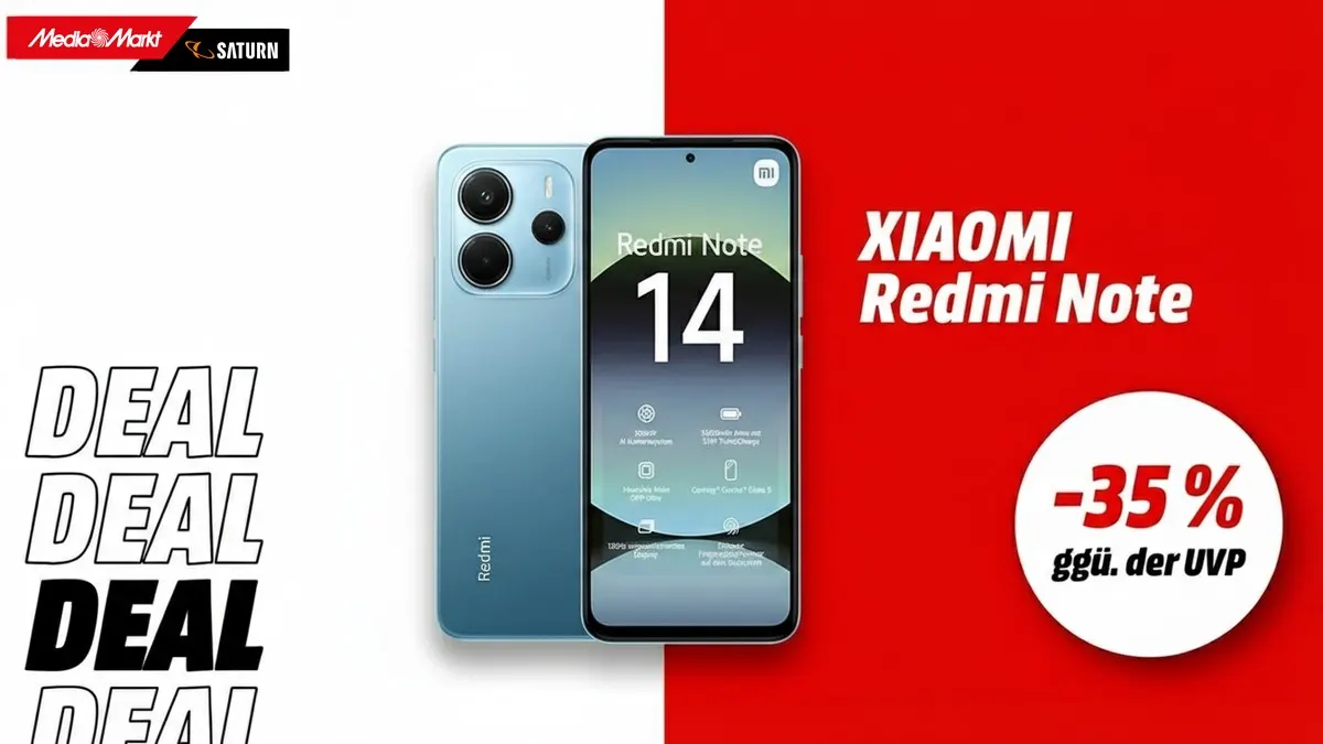 Das Xiaomi Redmi Note 14 Smartphone in der Farbe Ocean Blue und Hinweis auf 35 Prozent Rabatt gegenüber der UVP.