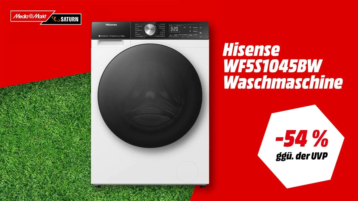 Die Hisense WF5S1045BW und Hinweis auf 54 Prozent Rabatt gegenüber der UVP.