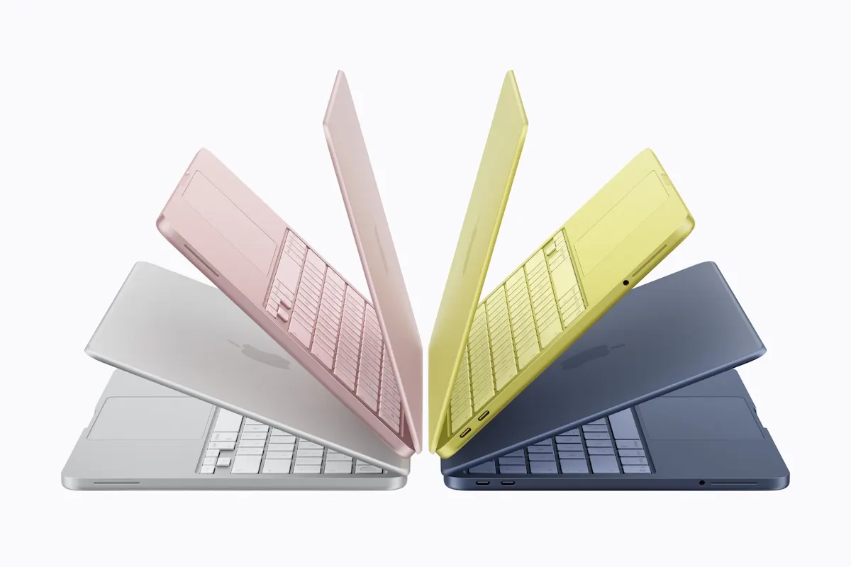 Das MacBook Neo in den Farben Silber, Rosa, Zitrus und Indigo