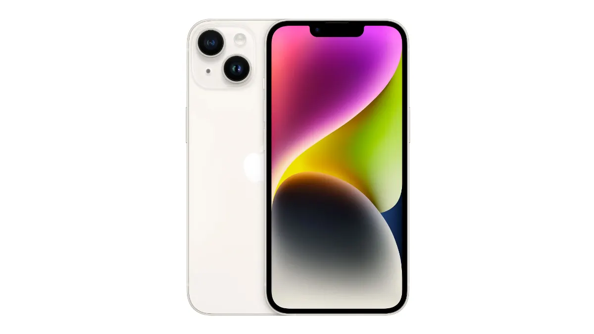 Ein beiges iPhone 14 jeweils in der Vorderansicht und der Rückansicht auf weißem Grund.