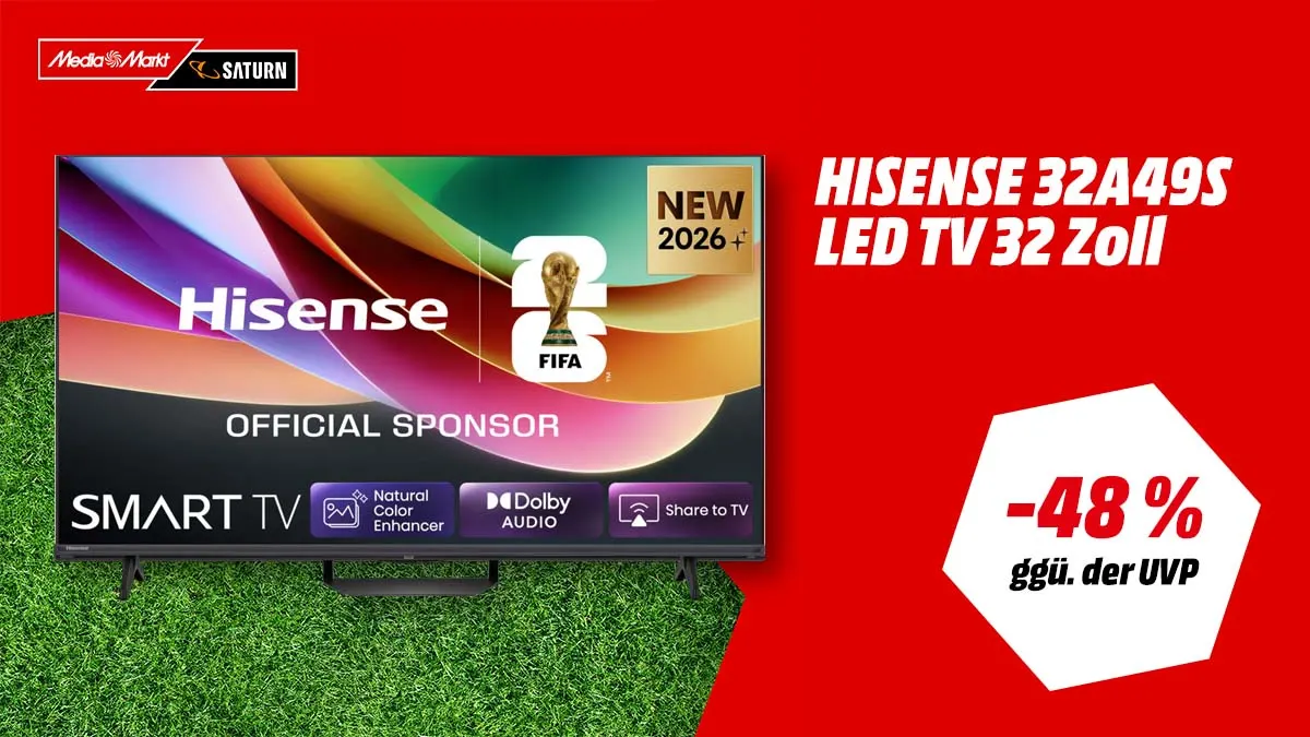 Der Hisense-TV und Hinweis auf 48 Prozent gegenüber der UVP auf rotem Hintergrund.