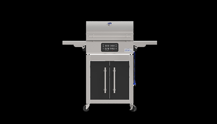 KOENIC Standgrill in Silber mit Haube, zwei Ablagen, Displayanzeige und vier Rollen.