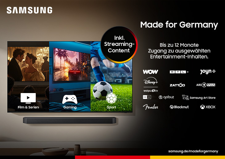 Werbegrafik für Samsung-TV: Fußballspiel auf dem Bildschirm, dazu Streaming-Logos und Hinweis auf bis zu 12 Monate Unterhaltung.