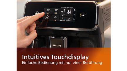PHILIPS EP2220/40 Serie 2200 Kaffeevollautomat Vorderansicht mit SensorTouch Display und Überschrift: Intuitives Touchdisplay. Einfach Bedienung