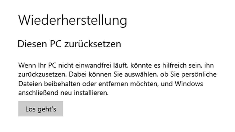 Ein Screenshot des PC-Zurücksetzen-Befehls bei einem Windows-Gerät.