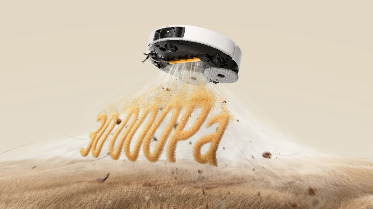 Ein animiertes Bild zeigt, wie der Dreame L50s Pro Ultra den Schriftzug „30.000 Pa“ aufsaugt.