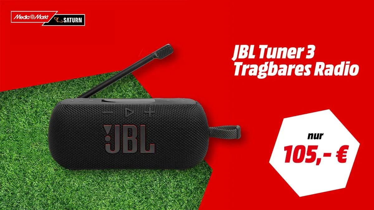 Das tragbare Radio JBL Tuner 3 und Hinweis auf Aktionspreis 105 €.
