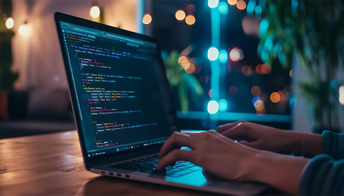 Eine Person tippt auf einem Laptop, Programmiercodes werden auf Display angezeigt.