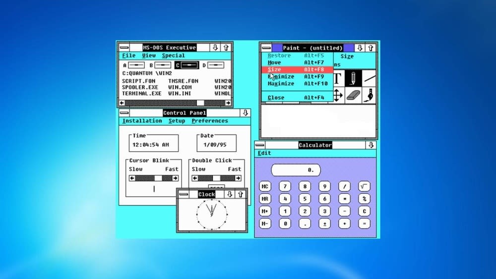 Es ist die Desktop-Oberfläche von Windows 2.0 zu sehen.