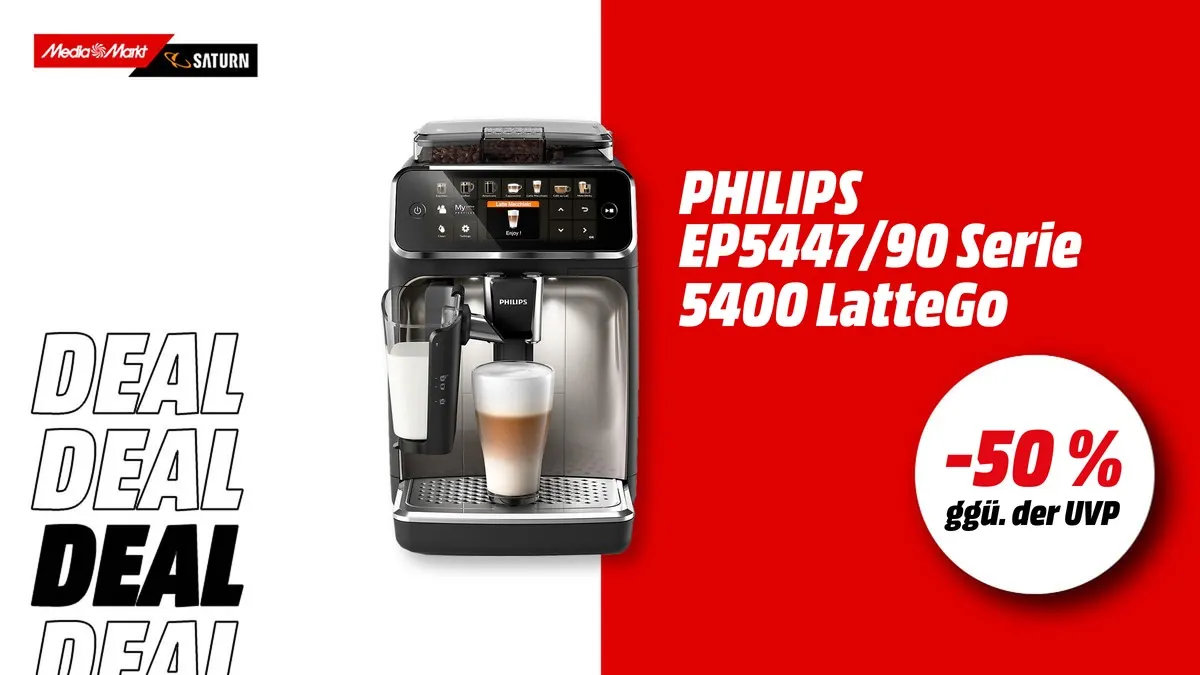 Philips EP5447/90 Kaffeevollautomat Serie 5400 LatteGo in Schwarz/Chrom – aktuell mit -50 % (ggü. der UVP) reduziert