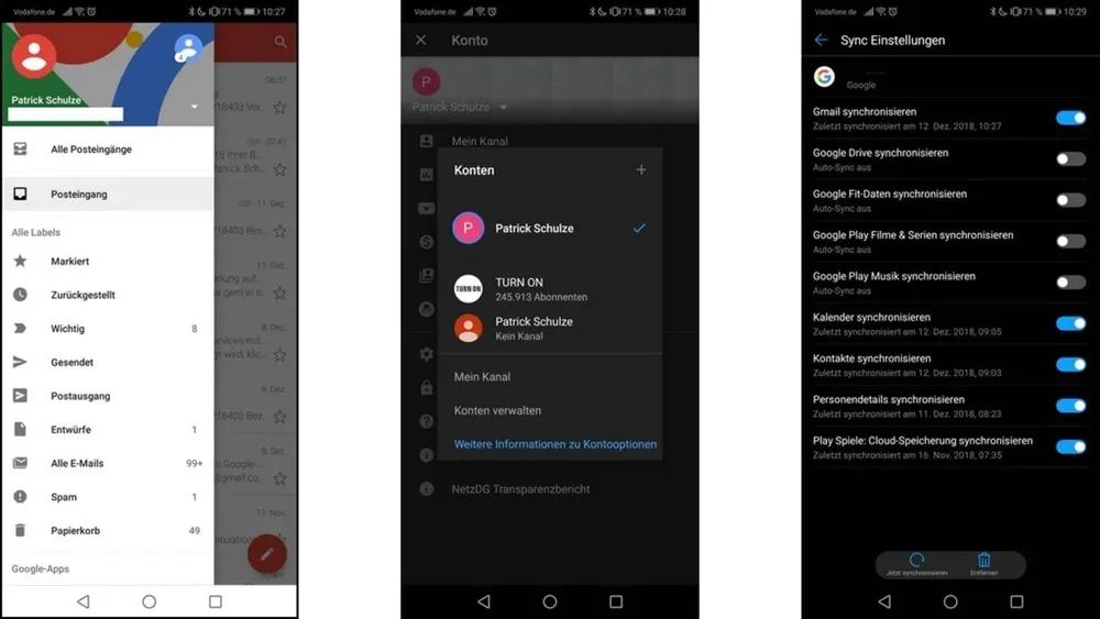 Drei Screenshots von Smartphone-Displays zeigen Menüs für E-Mail-Konten und Synchronisationseinstellungen in dunklem Design.