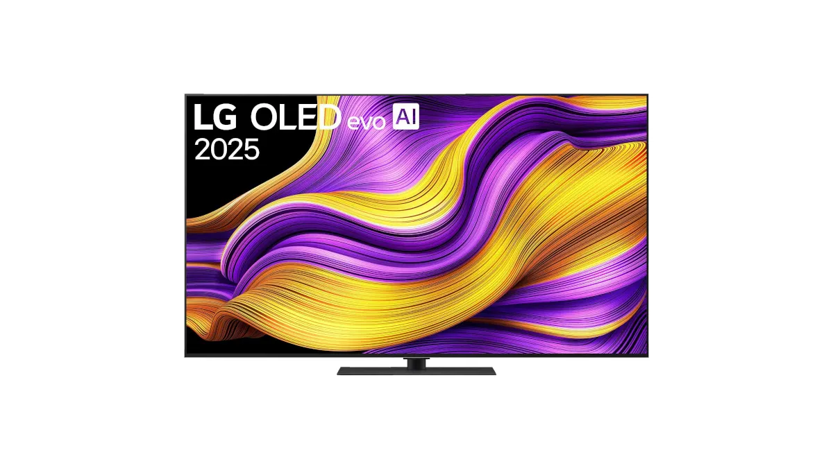 Der LG OLED65G56LS vor weißem Hintergrund.