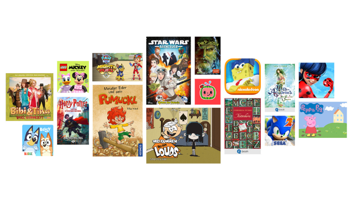 Viele verschiedene Cover von Büchern, Spielen und Videos, wie Bibi & Tina voll verhext, Star Wars Abenteuer oder Peppa Pig