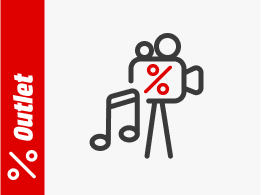 Kamera mit Prozent-Icon, daneben eine Musik-Note. Links steht auf rotem Hintergrund „Outlet“ mit einem Prozentsymbol.