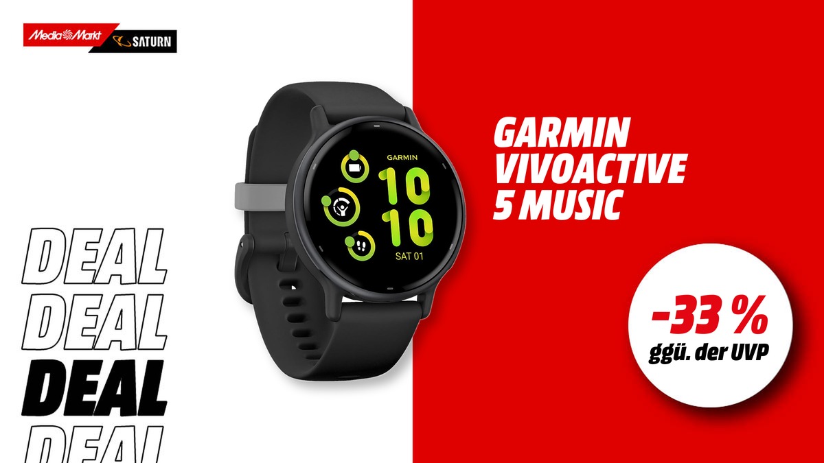 Die Garmin Vivoactive 5 und Hinweis auf 33 Prozent gegenüber der UVP auf weiß-rotem Hintergrund.