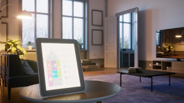 Ein Tablet mit hellem Bildschirm steht auf einem runden Tisch. Im Hintergrund sind Fenster, eine Tür, ein Sofa und ein Fernseher.