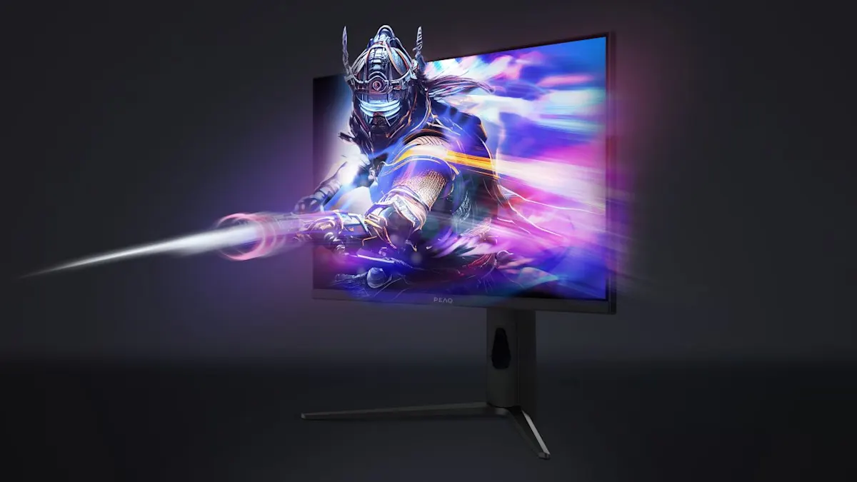 Der Gaming-Monitor PEAQ PMO G270-FQK zeigt die Animation eines Kriegers in Rüstung, der aus dem Monitor herauszusteigen scheint.