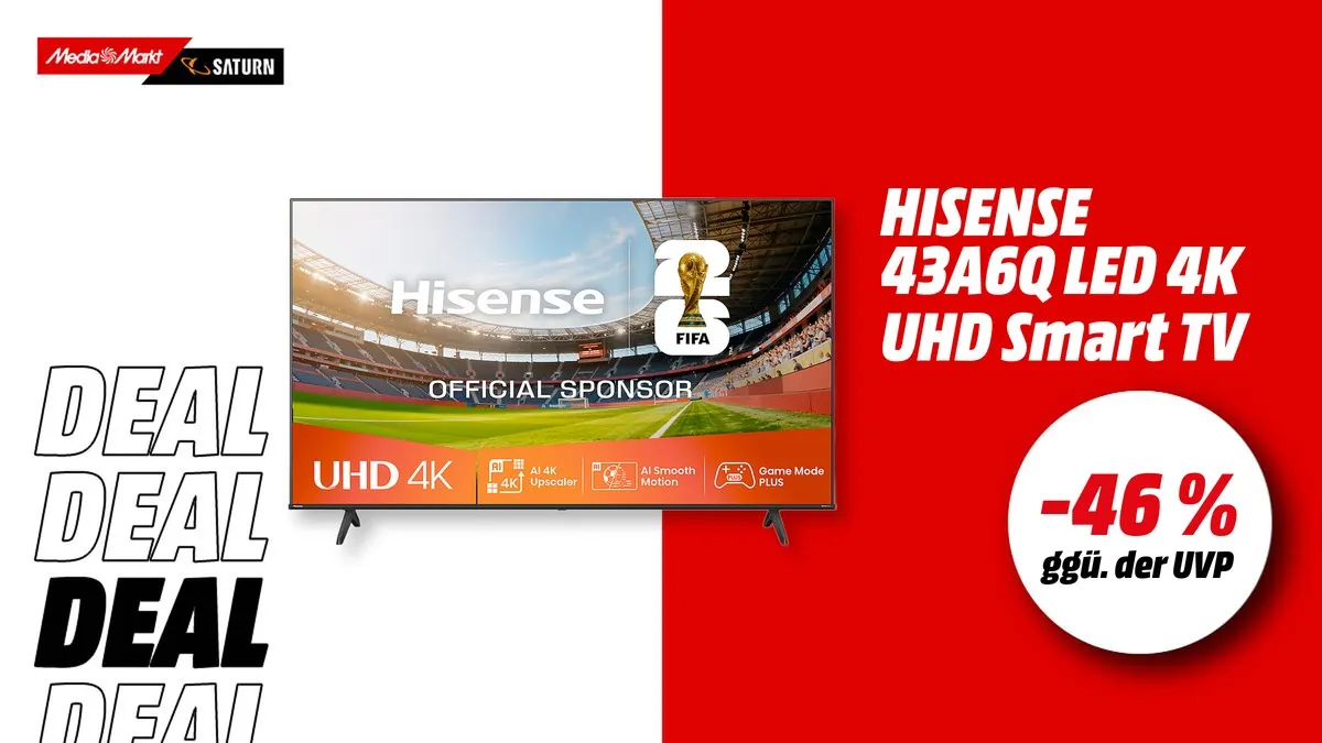 Hisense 43A6Q LED 4K UHD Smart TV mit 43 Zoll Bildschirmdiagonale, aktuell mit -46 % (ggü. der UVP) reduziert