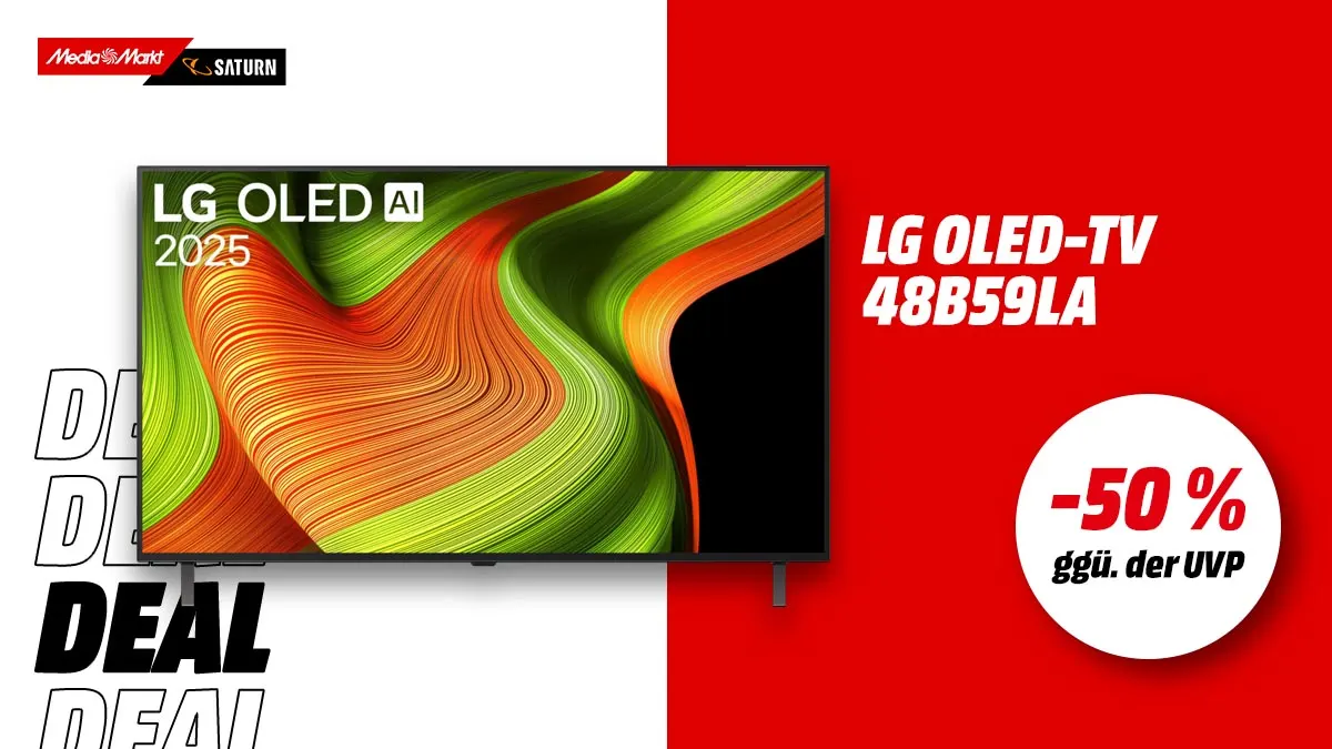 Der LG OLED-Fernseher und Hinweis auf 50 Prozent Rabatt gegenüber der UVP.