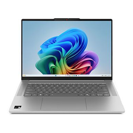 Heller Laptop mit großem Display, schmalem Rand und bunter abstrakter Grafik auf hellem Hintergrund.